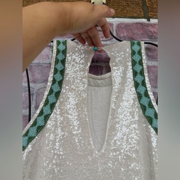 PHO FIRENZE WHITE SEQUIN MINI DRESS WITH DECORATED PROFILES XS - Picture 15 of 17